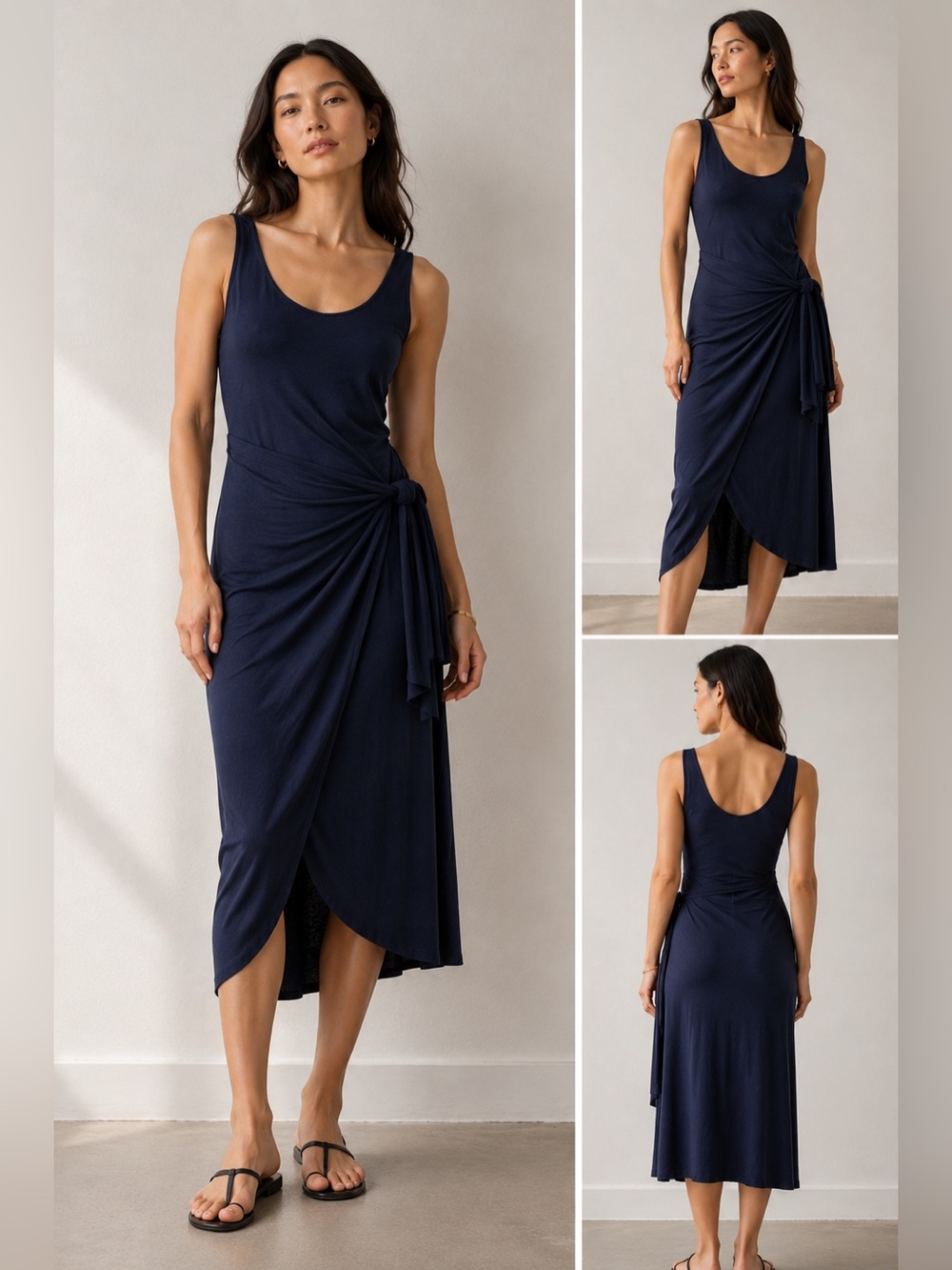 Vince Navy Blue Faux Wrap Midi Dress Sleeveless Draped Minimalist SP